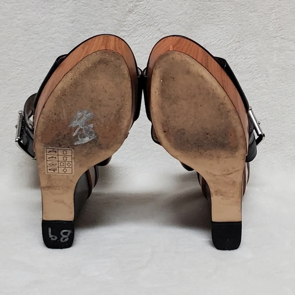MICHAEL Kors Carla Black Leather Faux Wood Platform Wedge Strappy Sandal 9.5